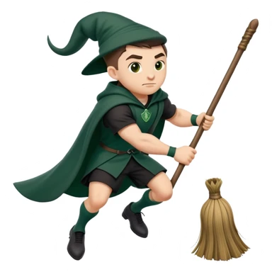 A muscular strong Slytherin student in final year riding a broomstick sticker