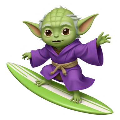 yoda in a purple robe flying in a rocket like surfing sticker