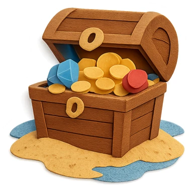 illustration of a treasure chest overflowing with gold coins and jewels on a sandy beach, paper-craft style sticker