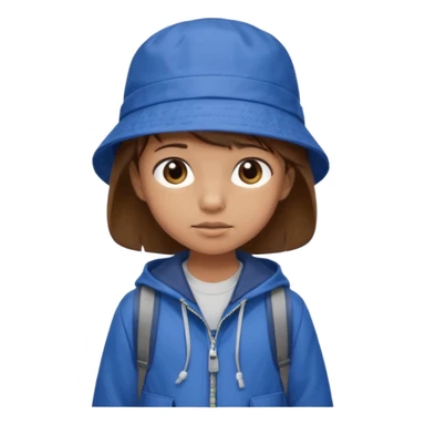 Little student, brown hair, wears blue bucket hat and jacket, backpack, shy sticker
