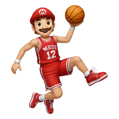 Mario from Super Mario performing a slam dunk, emoji style sticker