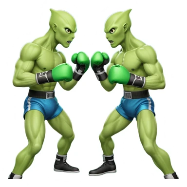 two aliens boxing in a fight stance, facing each other with raised gloves, dynamic action pose, intense expressions, sci-fi arena vibe, 3D cartoon style, mobile game icon style, clean background, no text, no watermark
 sticker
