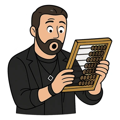 Используя такую стилистику, сгенерируй картинку, где герой удивленно держит счёты в руках и смотрит на них, прозрачный фон sticker