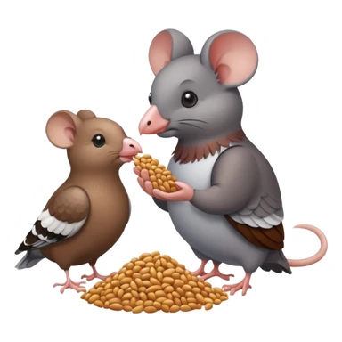 A mouse and a pigeon eating grain together sticker