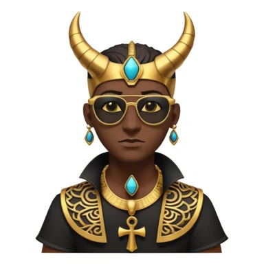 3D cartoon horned character portrait, wearing sunglasses, gothic ancient Egyptian style, pharaoh collar, dark gold and black outfit, ankh symbols, Egyptian jewelry, mysterious expression, soft dramatic lighting, centered, clean background, no text, no watermark sticker