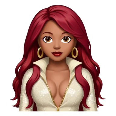LaTavia Robeson from Destiny's Child with long dark red hair, ivory sequin outfit sticker