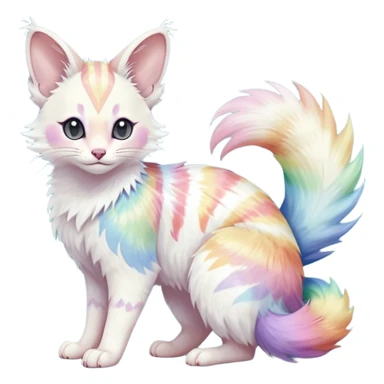  cute adorable pastel-iridescence-gradients albino fur with random colorful iridescent rainbow markings beautiful elegant pretty precious cute  Fakémon-Pokémon-opossum-feline-serval-caracal-chinchilla-Minccino-hybrid-creature with a big fluffy bushy striped tail (full body) sticker