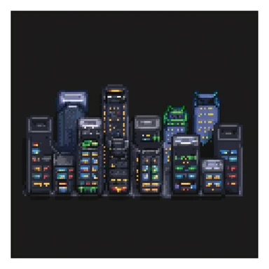 Pixel art night scene of Gotham City. Dark, moody street with a flickering lamppost, trash bins, and a few shadowy human silhouettes. Gritty atmosphere, subtle lighting, cinematic noir vibe. sticker