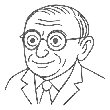 Keep the Jean-Paul Sartre black outline drawing as in the previous version, but ensure the linework is pure black and hand-drawn, not grey. Maintain the neutral smile, round glasses, and transparent background. sticker