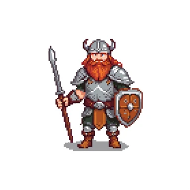pixel art ginger viking with red beard and armor, running animation frame 4, pushing off ground sticker