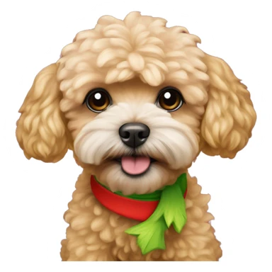 Apricot maltipoo wearing a grinch costume sticker
