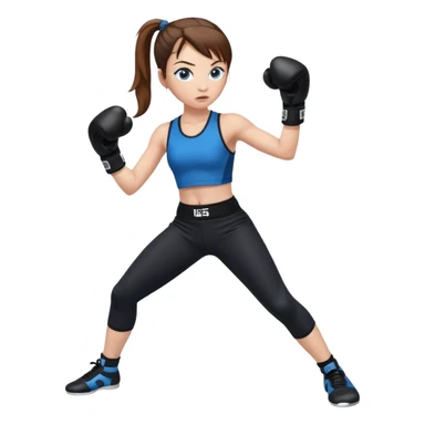 Девушка стоит в черных боксерских перчатках, в стойке, в черном спортивном топе и черных леггинсах, волосы каштановые, собраны в хвост, кожа белая глаза голубые  sticker