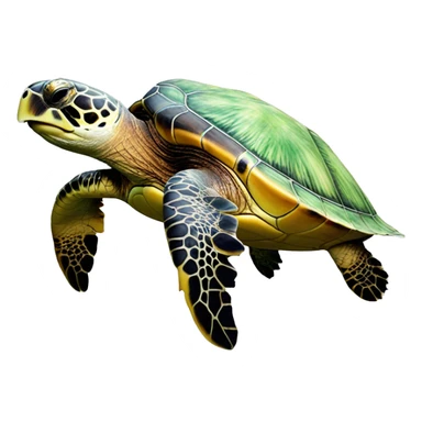 a sea turtle is swimming, smiling, art, realistic art, white background, side view sticker