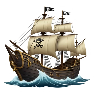 An icon representing an adventure game, inspired by high-seas exploration. The design features a fearless pirate gripping the wheel of a grand sailing ship, its tattered Jolly Roger flag billowing as it cuts through stormy waters. The scene evokes danger, treasure, and the thrill of the open sea. Transparent background. sticker
