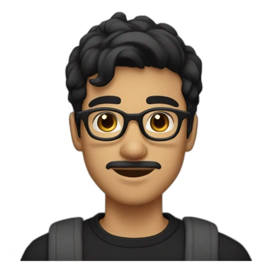 a light skin Pakistani teenager, wearing round glasses, short moustache, black hair, black jumper/sweater, structured manly face sticker