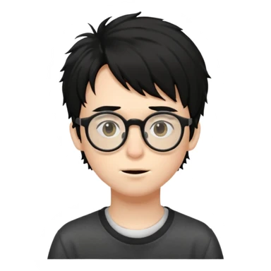 pale skin, black shaggy hair boy, big glasses that's tip on his nose and teenager  sticker