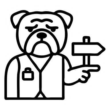 english bulldog tour guide icon style, pointing the way, wearing a vest sticker