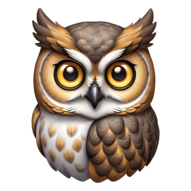 Cinematic Cute Great Horned Owl Portrait Emoji, Head tilted playfully and inquisitively, featuring a lush mottled Fur with intricate patterns of gray and white, round, sparkling golden eyes filled with curious wonder, Simplified yet irresistibly adorable features, highly detailed, glowing with a warm, friendly glow, high shine, affectionate and wise, stylized with a touch of nocturnal whimsy, bright and endearing, soft glowing outline, capturing the essence of a mischievous yet loving owl, so playful it feels like it could glide out of the screen and perch in your arms! sticker