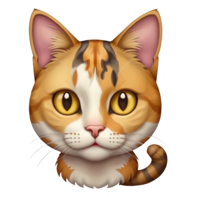 full body anxious looking colourful light calico tabby cat with hazel eyes  and half of face in brown tabby sticker