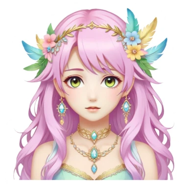 Beautiful gorgeous anime lady with beautiful pastel-special-hair, fashion aesthetic, ethereal, fairycore, pastelcore, feather, flower, crystals, accessories, gold jewelries, gold, colorful, gold laurel, gold halo, sticker