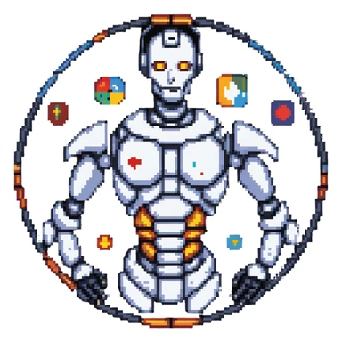 Pixel art of a robot man with a circular chest divided into four segments showing icons for visual art, music, theater, and literature sticker