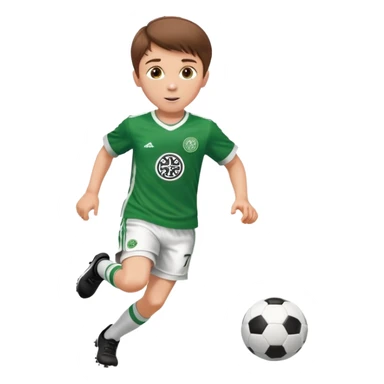Celtic footballer jersey logo  6 years old brown hair white boy , brown eyes , stripes uniform , RUNNING  with soccer ball # 17 celtic football logo PUT ONLY ONE LOGO ONE CELTIC LOGO ONLY white shorts sticker