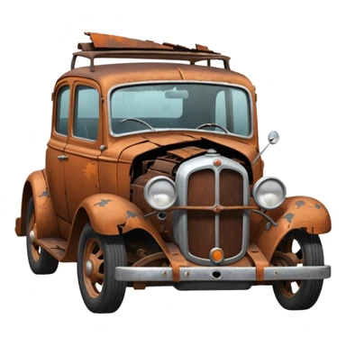 Side view of a broken-down old car with steam from the open bonnet, shattered windows, rusted doors, a flat tire, dents, peeling paint, and a grimy, neglected look. sticker