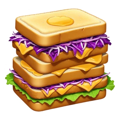 A cute, simplified emoji-style illustration of a stacked chicken sandwich — two thick golden toast slices, a crispy breaded chicken fillet, green lettuce, and purple cabbage slaw, with glossy dark sauce dripping down the sides. sticker