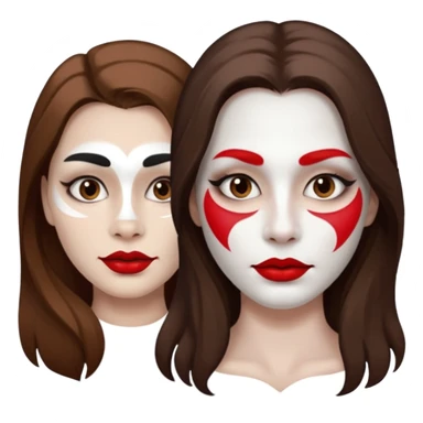 person with long brown hair, white face paint, red lipstick and a mole on right cheek sticker