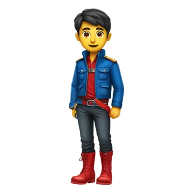 Garçon aux yeux bleus portant une veste en cuir rouge avec ceinture, pantalon en ￼cuir rouge, une ceinture rouge, des boots rouges,￼￼ sticker