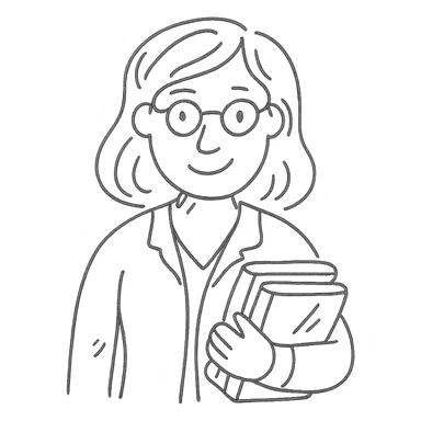 teacher with brown hair holding books, hand-drawn sketch style, expressive face sticker