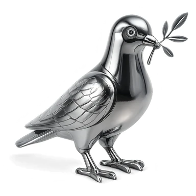 stylized chrome pigeon with a branch in its beak, polished and futuristic sticker