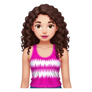 Young adult woman with luminous fair skin, long dark brown curly hair, large almond dark brown eyes, thick lips, wearing bright pink tie-dye tank top, warm friendly expression sticker
