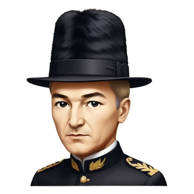 ​Cinematic Realistic Portrait of a Young Mustafa Kemal Atatürk, depicted wearing an iconic tall black fur hat along with traditional attire, his confident, visionary expression illuminated by warm, inspiring lighting, rendered with rich historical textures that capture his youthful dynamism and transformative leadership, sticker