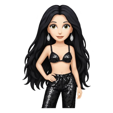 Cher with long black hair, black sequin bra, black sequin baggy pants sticker