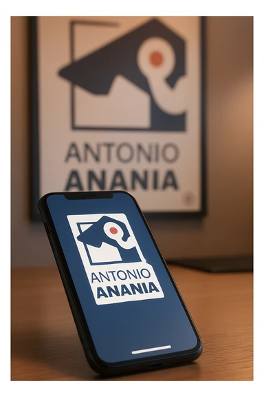 A photo of an iPhone on the desk with the logo of "Antonio Anania" on its screen, The phone sits atop a desk with a blurred with the logo in the background that suggests work environment. A faint glow from above casts gentle shadows across the surface of each object, creating depth and highlighting their textures sticker