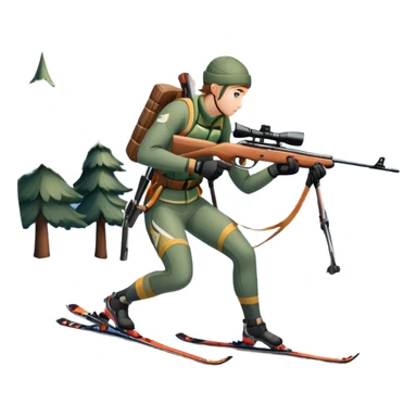 An icon showing a snowy landscape with pine trees, mountains, and a clear sky with a biathlete aiming a rifle in the foreground, wearing winter gear and skis. Transparent background emphasizes the precision, endurance, and beauty of this winter sport. sticker
