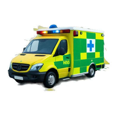 British NHS ambulance, yellow body, with green and yellow checkerboard print along the bottom. NHS blue and white logo on the side. Blue flashing lights sticker
