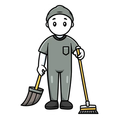 person in dark-grey custodian outfit with cleaning tools sticker