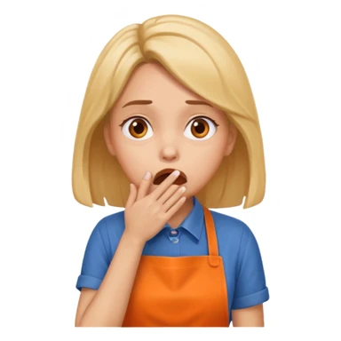 scared woman with her hands on her mouth, more details, sideways pose, orange apron sticker
