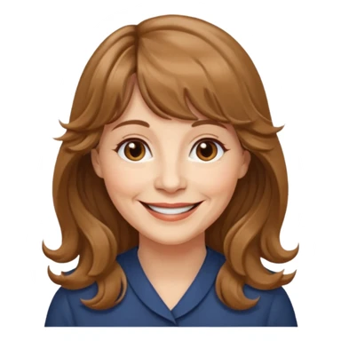 60 yr old woman, small brown eyes, long wavy light brown hair, bangs,  sticker