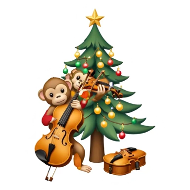 sapin de Noël décoré d'une guirlande lumineuse et de boules  avec un violon à la place du tronc et un petit singe perché au sommet en train de mettre l'étoile de Noël sticker