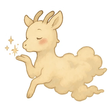 vanilla-colored cloud doe with rosy cheeks, floating gently while blowing a kiss with sparkles, soft ghibli style sticker