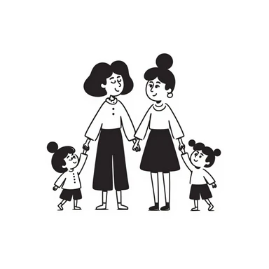 black doodle illustration of two mothers holding hands with toddlers, minimal, happy family sticker