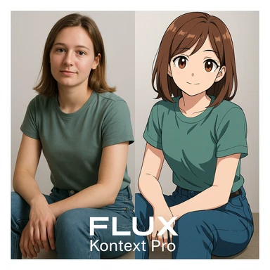 create before after image of a girl before is realsitic photo, after is anime version of her in same pose and clothes, add logo with text of a "FLUX Kontext Pro" sticker