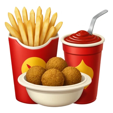 falafel and fries, with two containers with  red sauce and white sauce  sticker