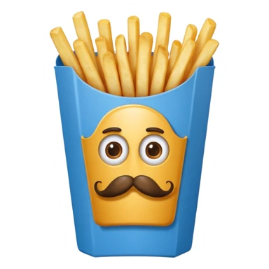 long slim crispy fries in a blue carton, carton has eyes and mustache sticker