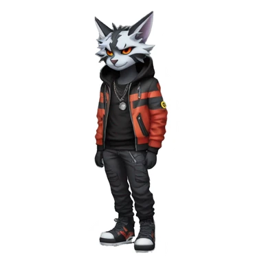 Cool Anthro Black Bat-Nargacuga-Litten-Lynx-Pokémon with edgy stripes hoodie spiked collar punk techwear Cargo Pants Full Body sticker
