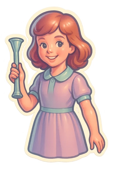 girl with appearance and clothing like the reference, holding an obstetric stethoscope in one hand, other hand down, smiling, detailed shadows and highlights, thin clean contours, soft rounded shapes, pastel palette #98B5BC, #B5B3C1, #C9A3C9, #E4C0CA, #F7DCD1, #F7C0AA, soft lighting, transparent background, no decorative elements, reference: https://attic.sh/jau3edb21wpllq8y3t37clkve1d7 sticker