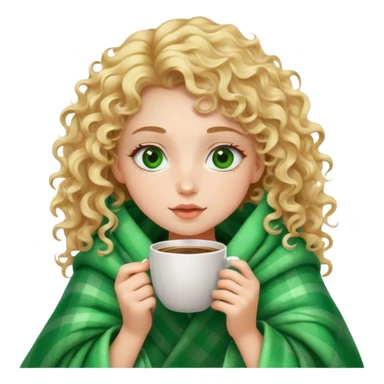 White girl blonde curly hair inside a blanket sipping coffee green eyes  sticker